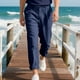 thumbnail image 4 of Pantalones largos de lino para hombre, informales, a la moda, transpirables, con cordón, cintura ajustada, piernas anchas, pantalones largos de rayón para hombre., 4 of 9