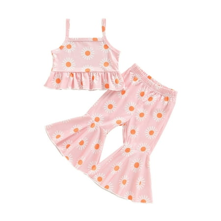 

Bmnmsl Kids Girls Summer Outfits Flower Print Ruffled Camisole and Casual Elastic Flared Pants Set