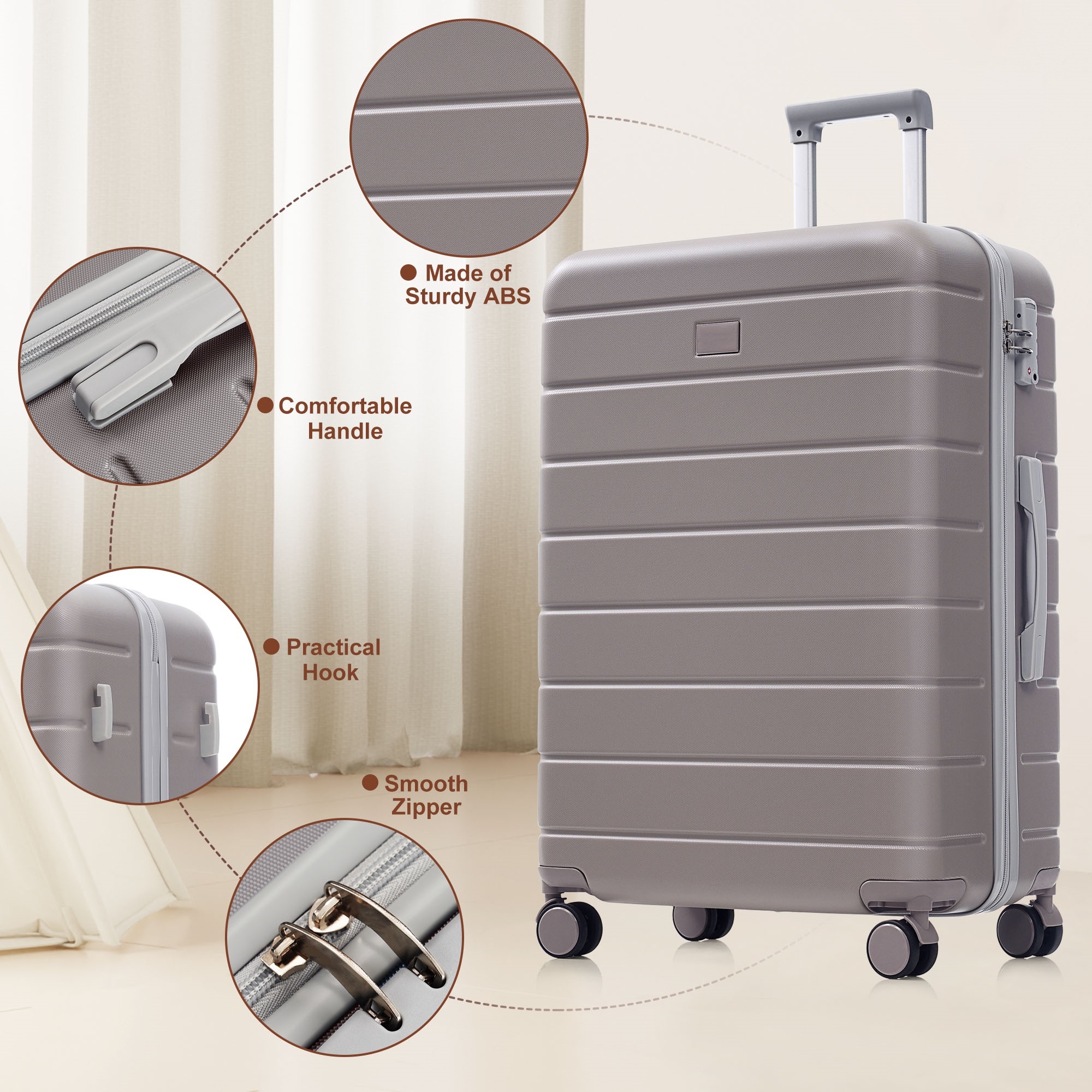 Euroco 3 Piece Luggage Sets, Lightweight Durable ABS Suitcase with Spinner Wheels and TSA Lock for Men Women(20"/24"/28"),Light Brown