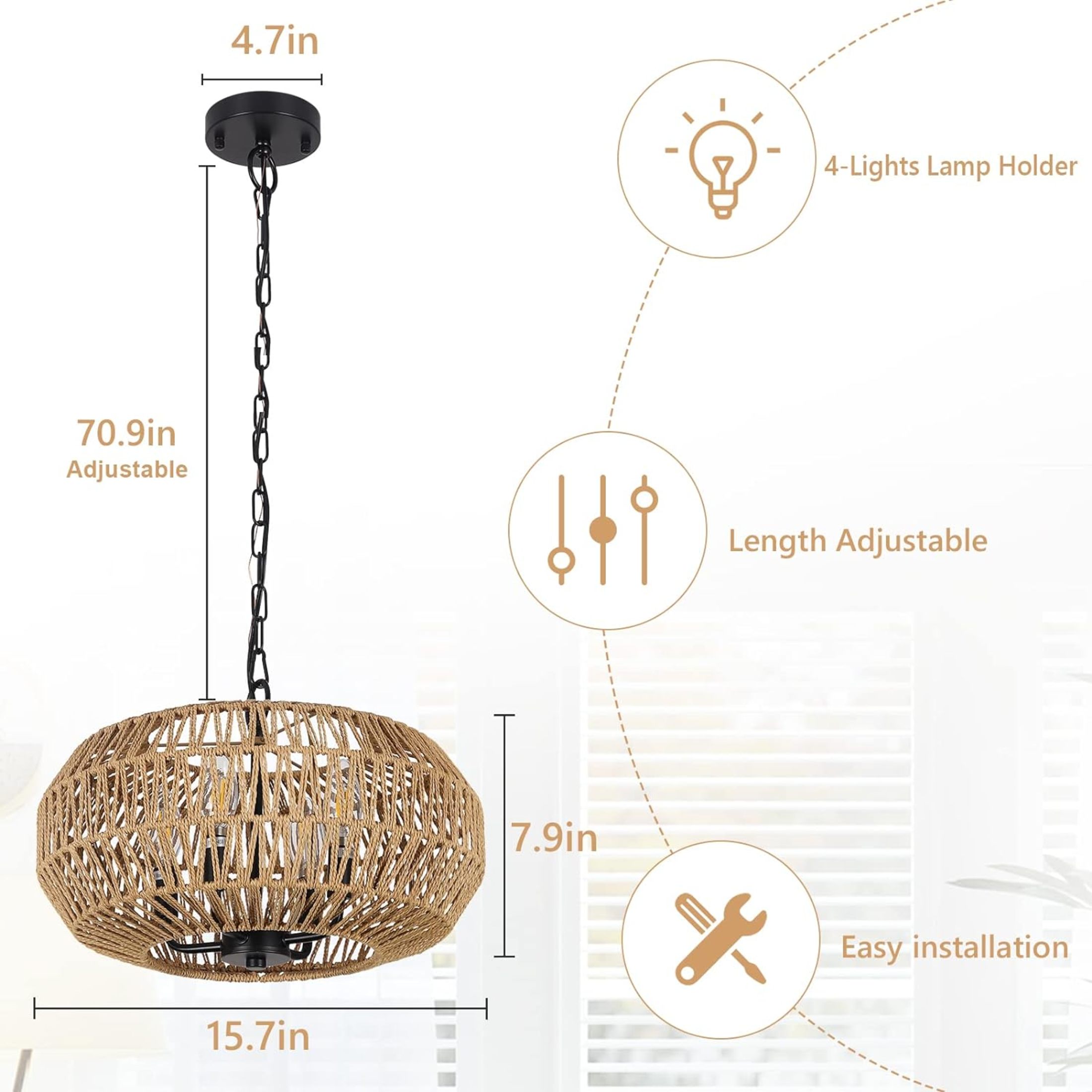 Noble House 15.7" Farmhouse Rattan Pendant Light, 4-Light Wicker Basket Chandelier for Dining Room & Foyer, Natural