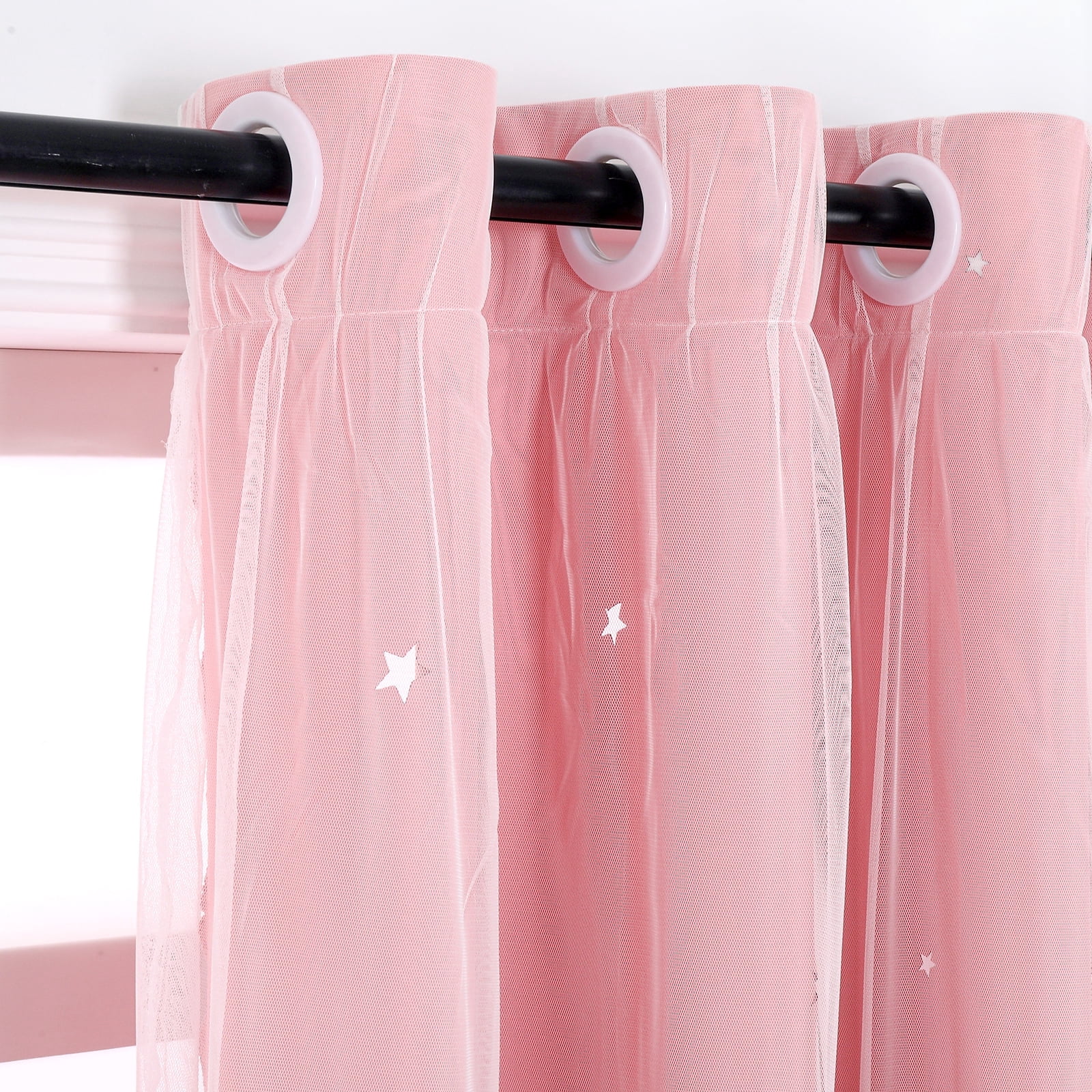 Psoiuetr Blackout Gradient Ombre Curtains for Kids Girls Bedroom Living Room Decor Rainbow Double Layers Star Cut Out Stripe Pink Grommet Window Curtains,52"x63",1 Panel