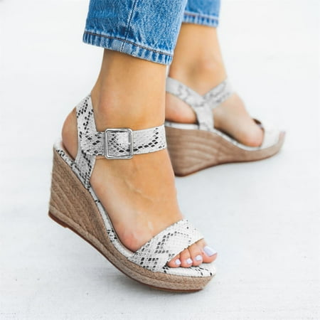 

〖Yilirongyumm〗 Beige 42 Sandals Women Buckle Fashion Summer Espadrille Pattern Heel Wedge Spring Animal Sandals Women And Women s Sandals