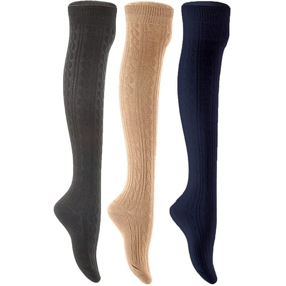 Lian LifeStyle Exquisite Big Girl's Women's 3 Pairs Thigh High Cotton Socks. Female Socks in Vibrant Colors 6-9 L1024 Black,Beige,Navy