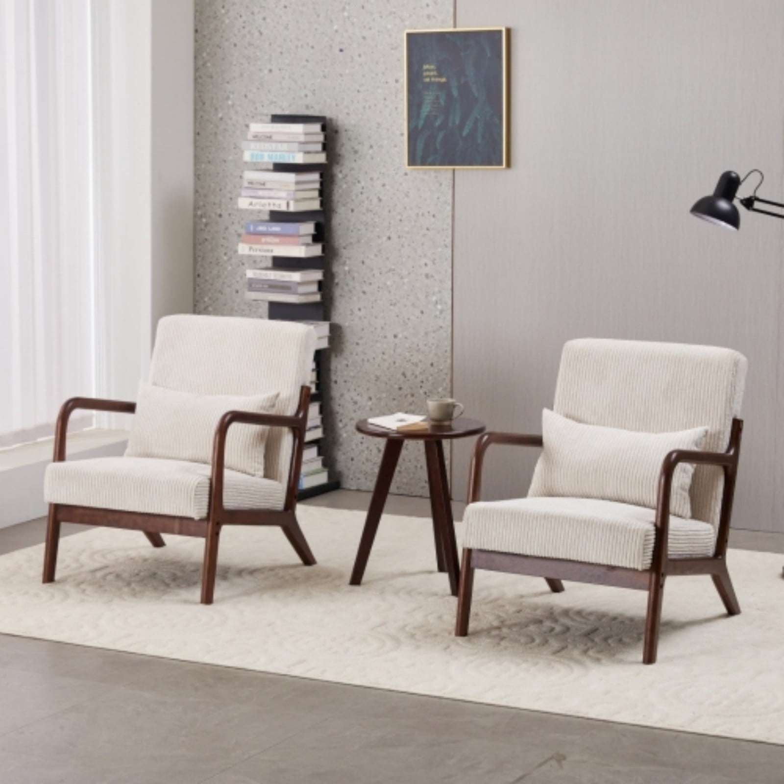 Mid-Century Modern Accent Chair, Upholstered Reading Arm Chair with Pillow, Solid Wood Frame Living Room Chair for Bedroom Balcony, White