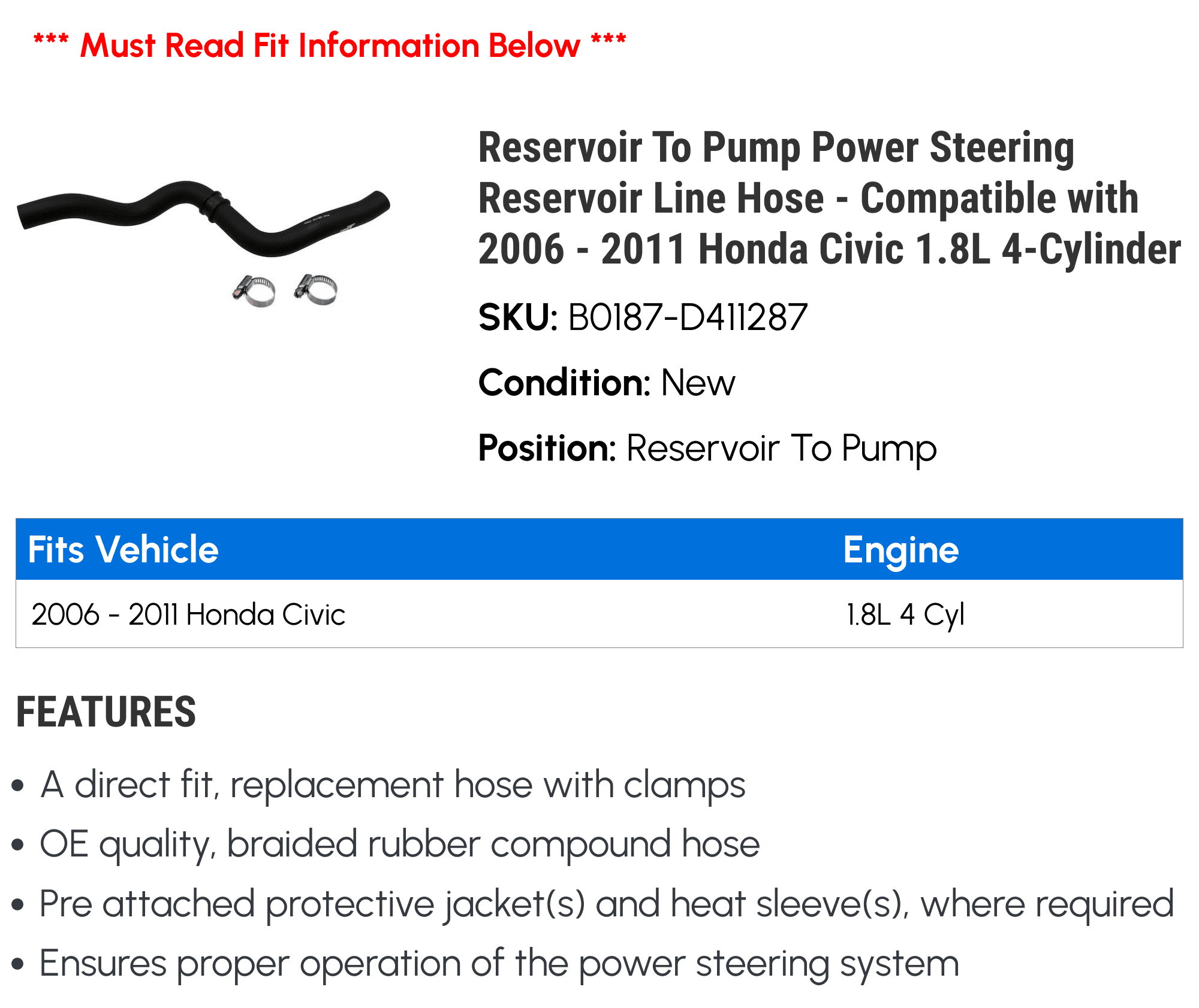 Reservoir To Pump Power Steering Reservoir Line Hose - Compatible with 2006 - 2011 Honda Civic 1.8L 4-Cylinder 2007 2008 2009 2010