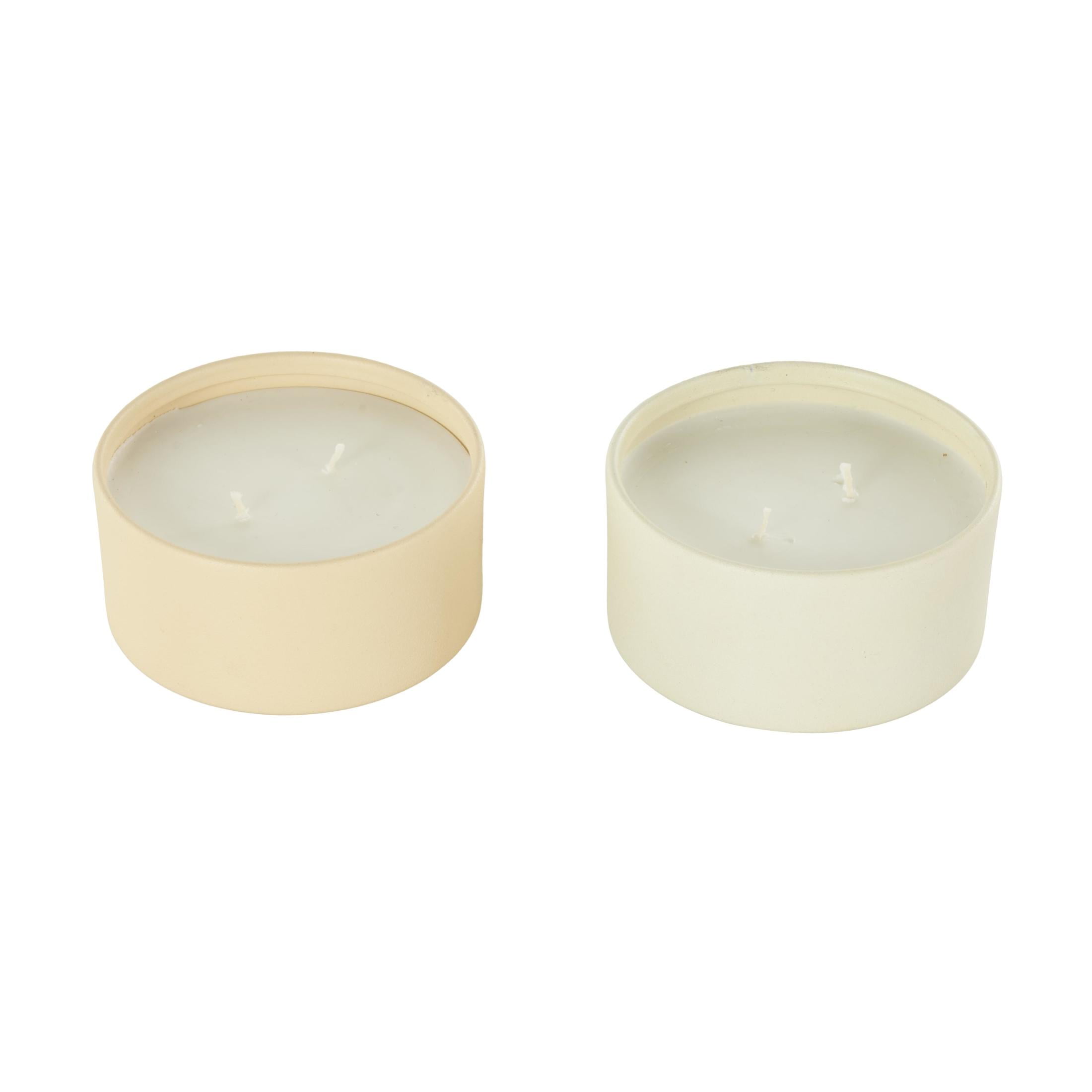DecMode 2 Holder Multi Colored Metal Fresh Cotton / White Tea & Ginger Scented Textured 9oz 2 Wick Candle with White Wax, (Set of 2)