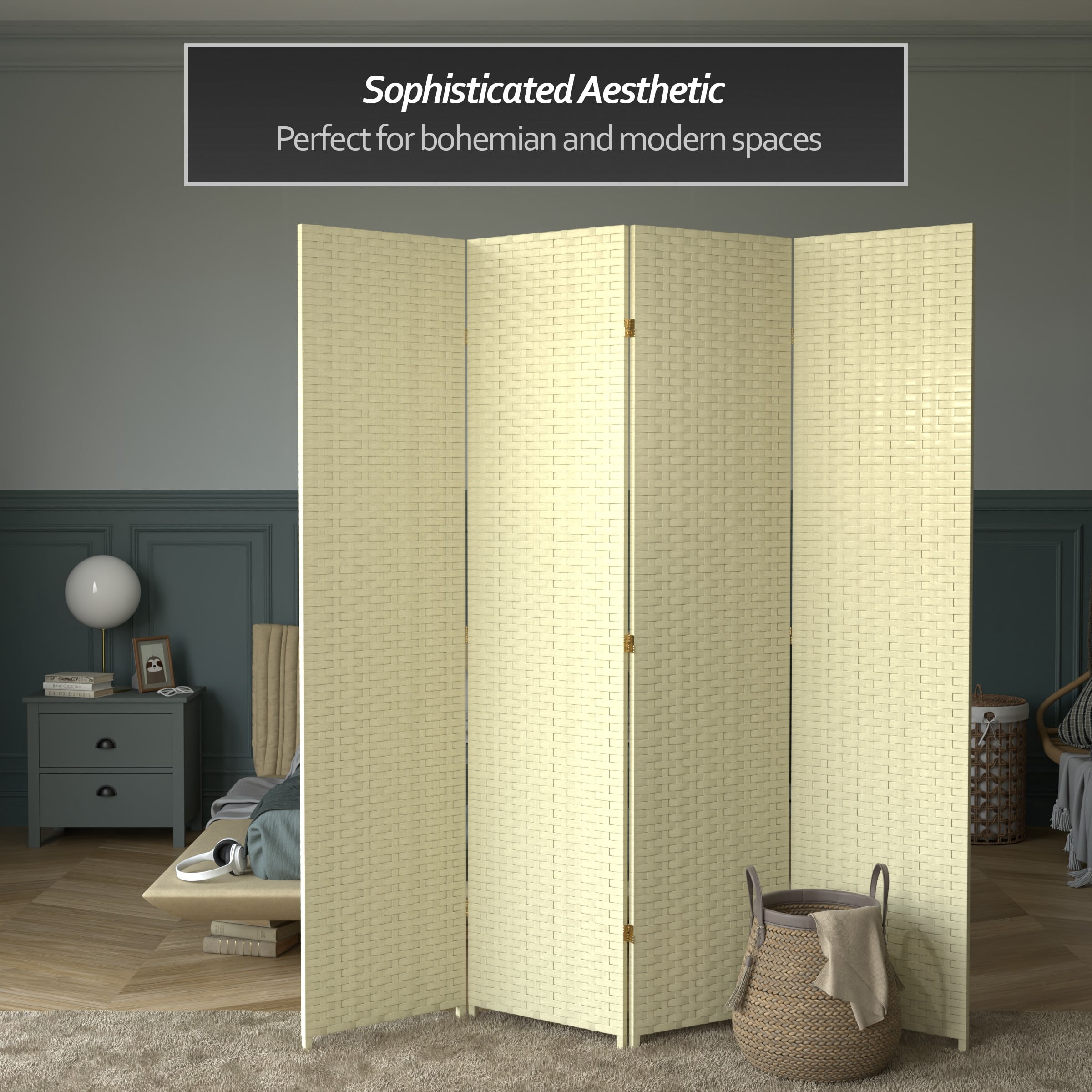 Red Lantern 7 ft. Tall Woven Fiber Folding Screen - Cream - 4 Panel