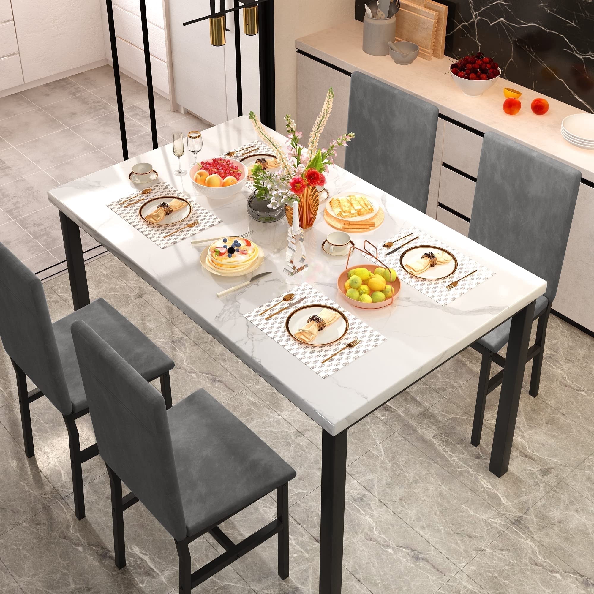 AWQM Dining Table Set for 4, 5-Piece Modern Dining Room Table Set with 4 Velvet Chairs, Marble Kitchen Table and Chairs Set, White+Grey