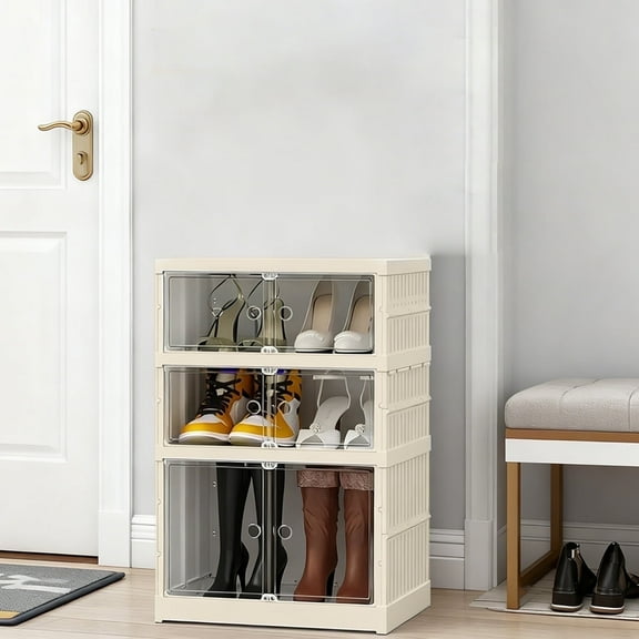 Asnews 3-Tier Foldable Shoe Organizer Storage Box, Portable Shoes Storage Cabinet with Cover, Magnetic Clear Door