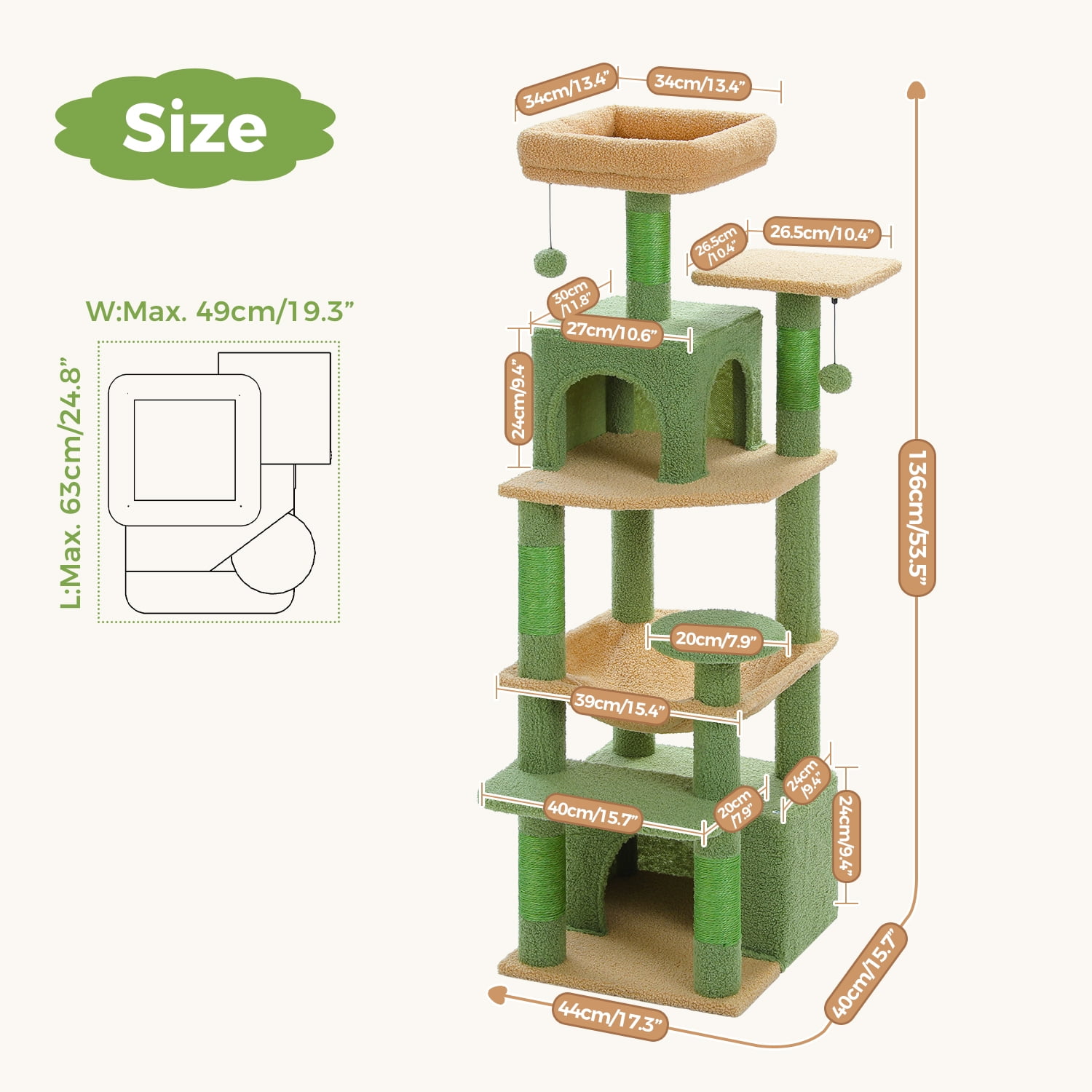 Pefilos 53" Tall Cat Tree Tower with Spacious Hammocks, Condos and Scratching Posts, Cat House with Dual Padded Perches for Indoor Large Cats, Green