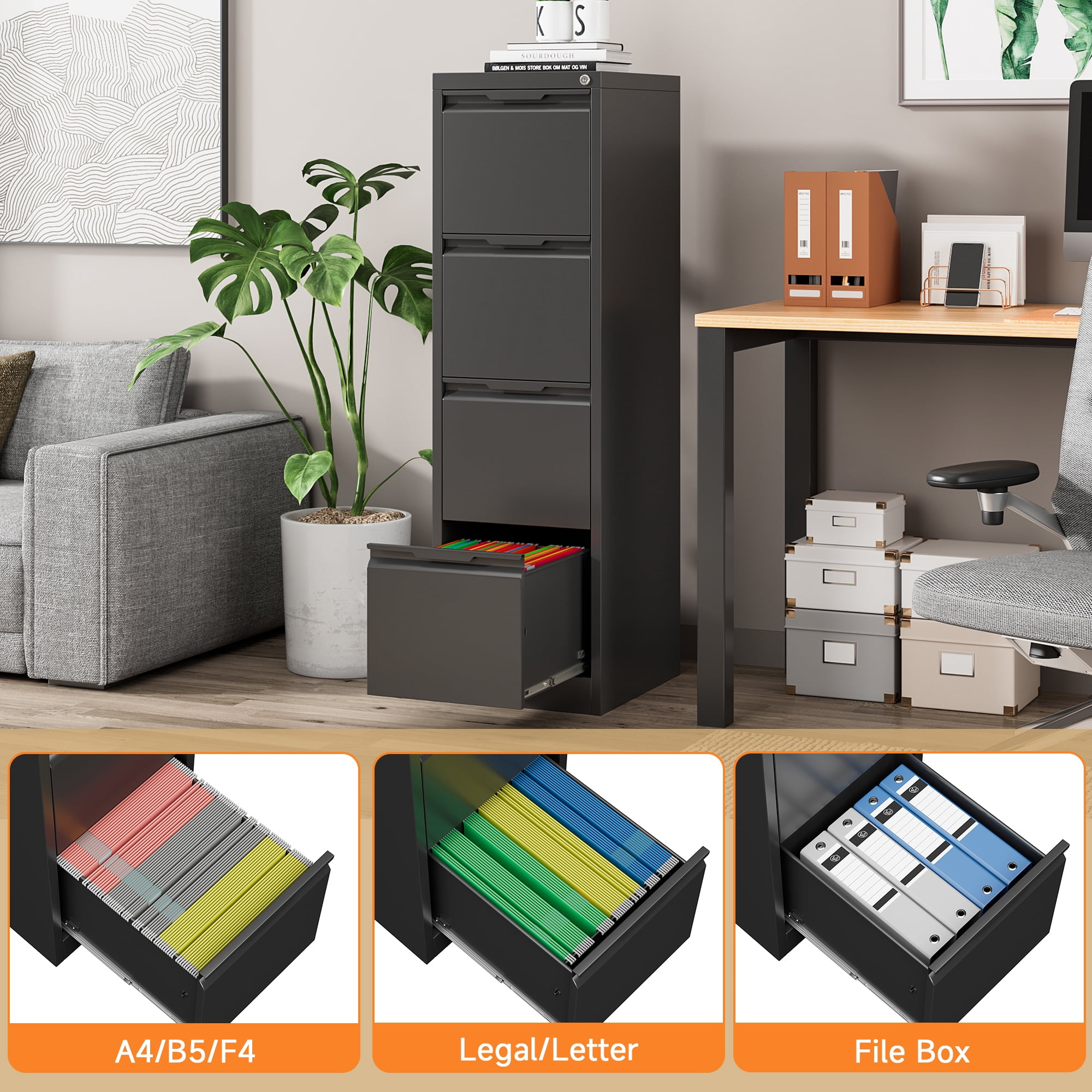 4 Drawer File Cabinets with Lock, Small Filing Cabinets for Home Office, Metal Vertical File Cabinets, Under Desk File Cabinet Organizer for Legal/Letter Size File, Easy Assembly