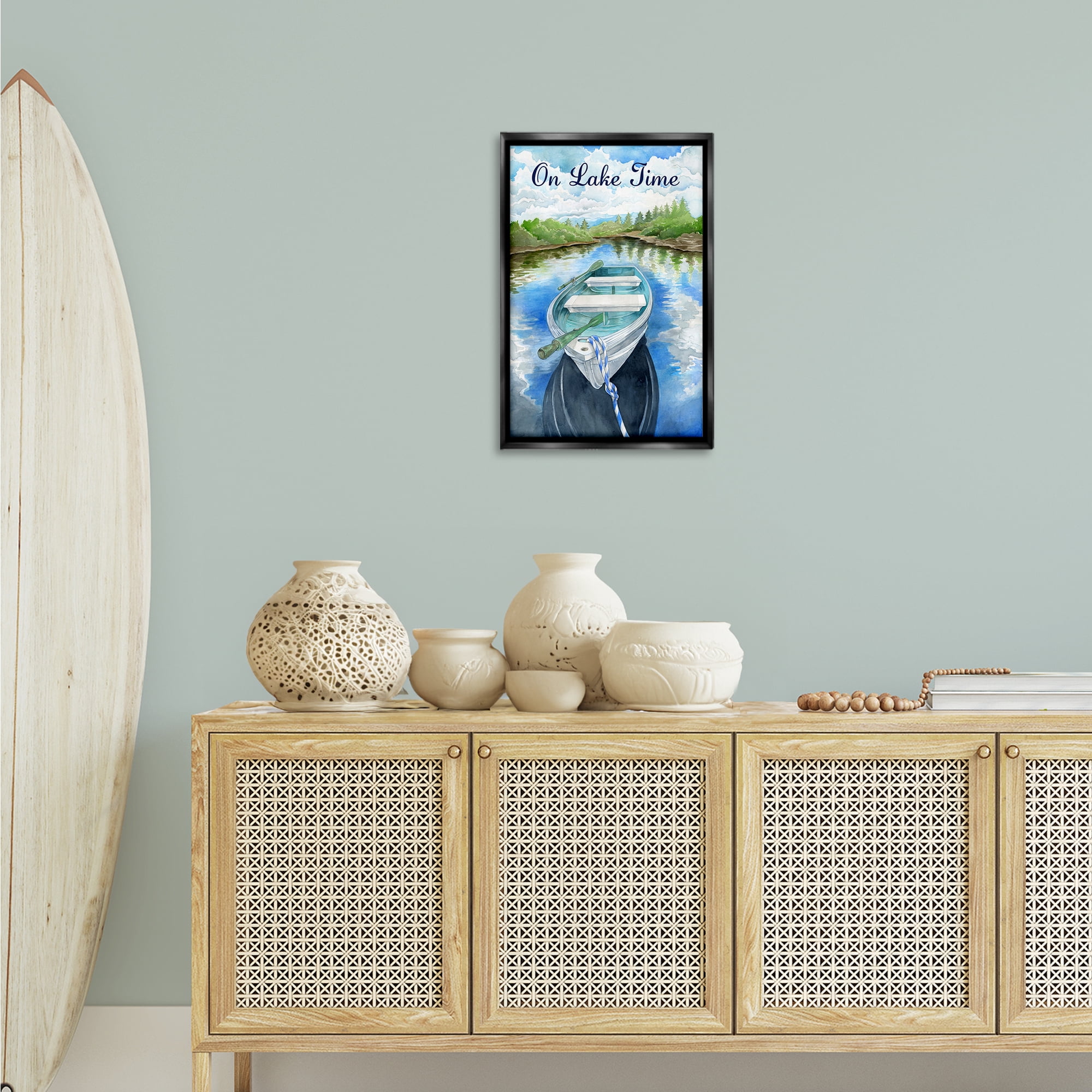 Stupell Industries On Lake Time Canoe Transportation Painting Black Floater Framed Canvas Art Print Wall Art, 17 x 25