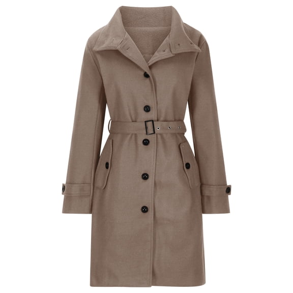UYISJ Women's Single Breasted Pea Coats Stand Collar Wool Coat Business Casual Mid Long Winter Pea Coat Fall Solid Color Tops Khaki XXL