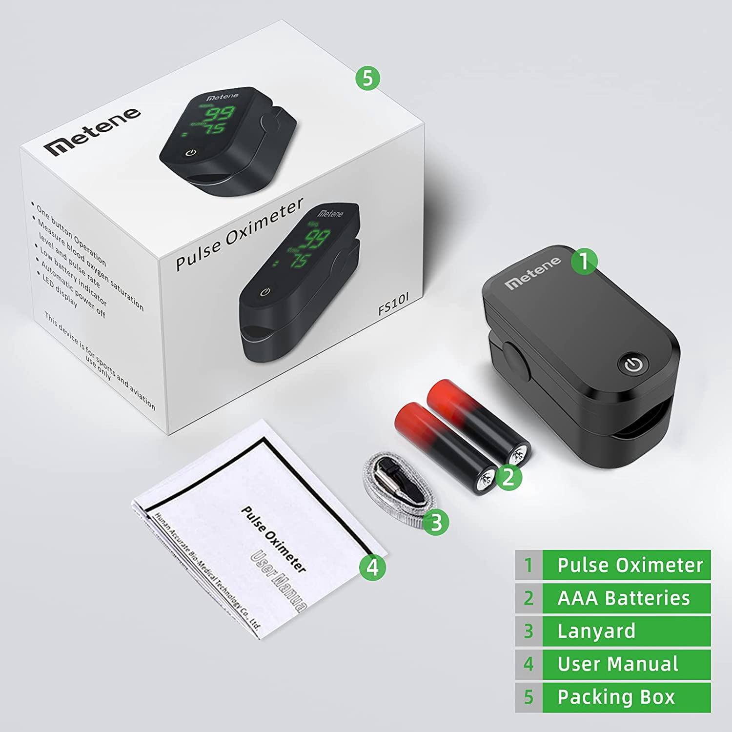 Metene Pulse Oximeter Fingertip, Blood Oxygen Saturation Monitor with Lanyard and Batteries (Black)
