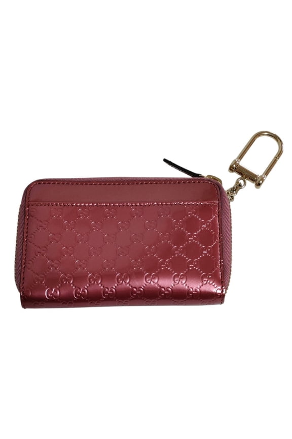 Pre-Owned GUCCI Micro GG Shimmer Leather Round Zip Wallet/Coin Case Mini Wallet 256810 Pink...