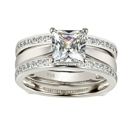 Wuziwen Princess Bridal Ring Sets for Women Wedding Band Guard Ring Enhancers Sterling Silver CZ Size 9