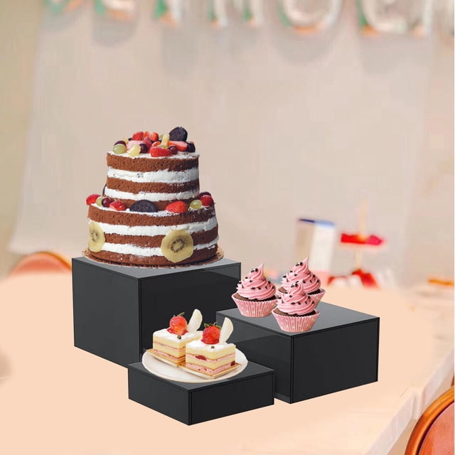 Elevadores de Buffet de 3 uds., cubo acrílico para exhibición, elevadores anidados, ahorro de espacio, elevador de comida, juego de exhibición de mesa negro