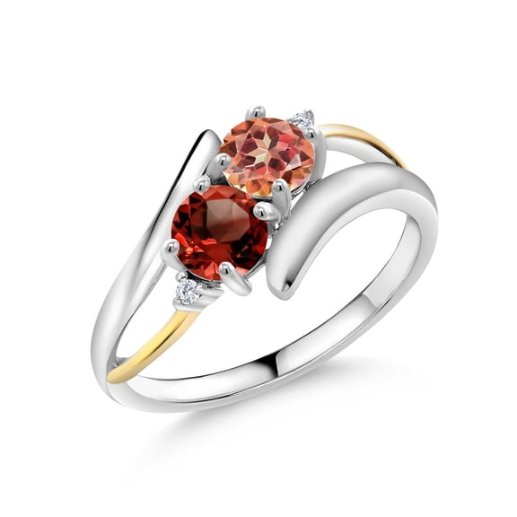 Gem Stone King 2.02 Ct Round Ecstasy Mystic Topaz Red Garnet 925 Silver and 10K Yellow Gold Lab Grown Diamond Two Stone Crossover Ring (Size 5)