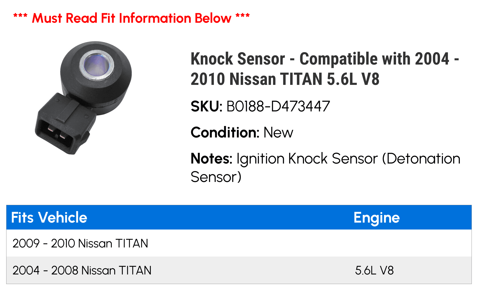 Knock Sensor - Compatible with 2004 - 2010 Nissan TITAN 5.6L V8 2005 2006 2007 2008 2009