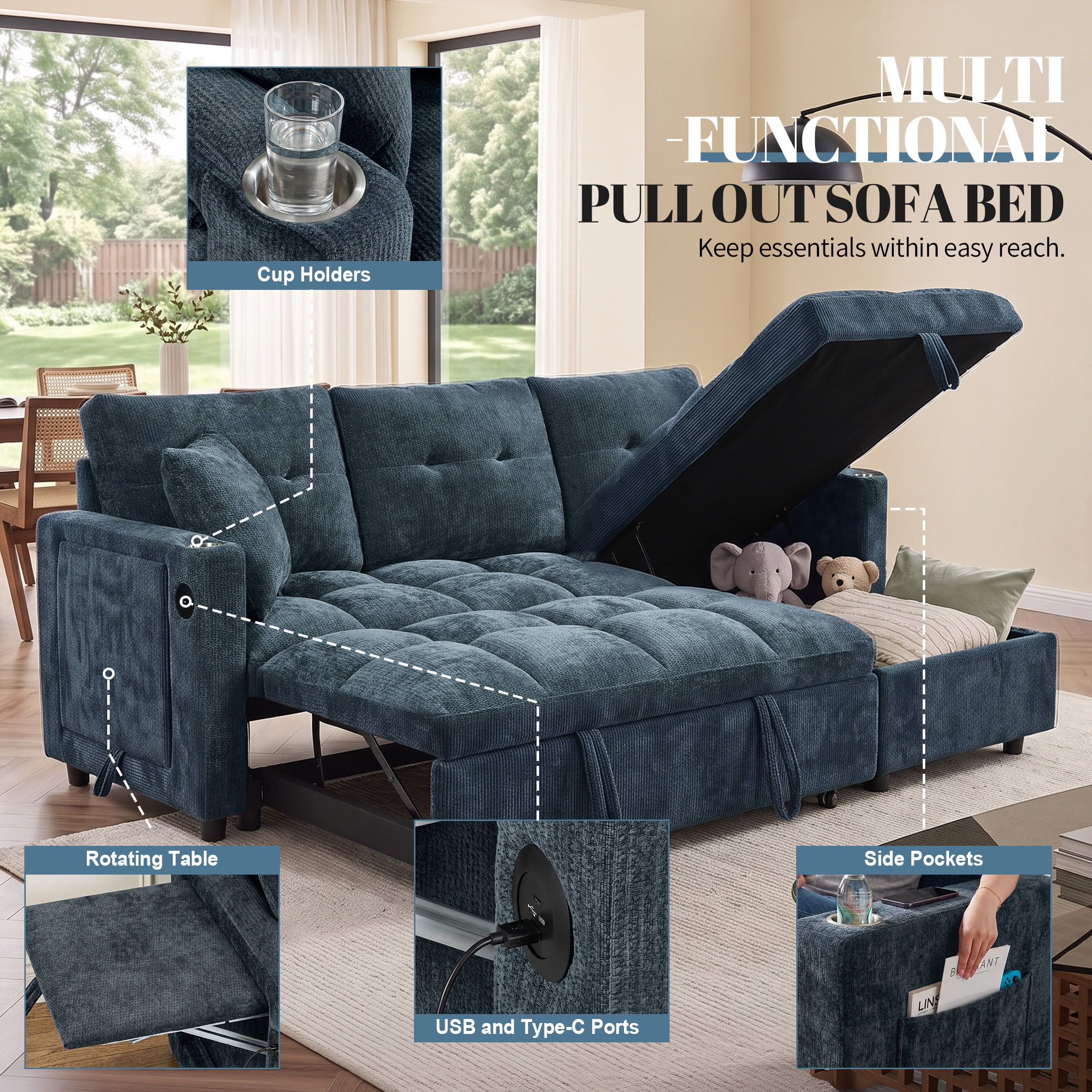 Aukfa 81" L Shape Sleeper Sectional Sofa Bed, Chenille Convertible Couch with Storage Chaise, Side Table & USB/Type-C Ports,Blue