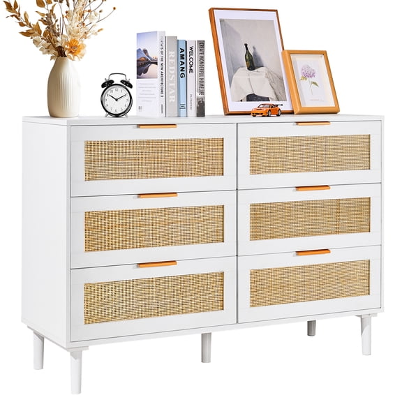VEVOR 6 Drawer Rattan Dresser, Boho Dresser, Rattan Chest of Drawers with Spacious Storage,Natural Rattan Dresser for Bedroom,Living Room & Hallway,Rattan Nightstand with Sturdy Handles&Legs,White