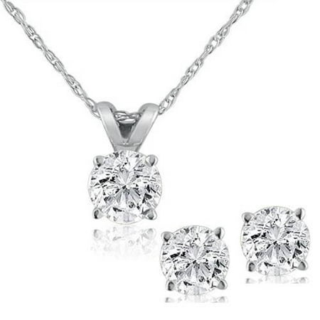 Pompeii3 Diamond Solitaire Necklace & Studs Earrings Set 1/2 Carat (Ctw) 14K White Gold