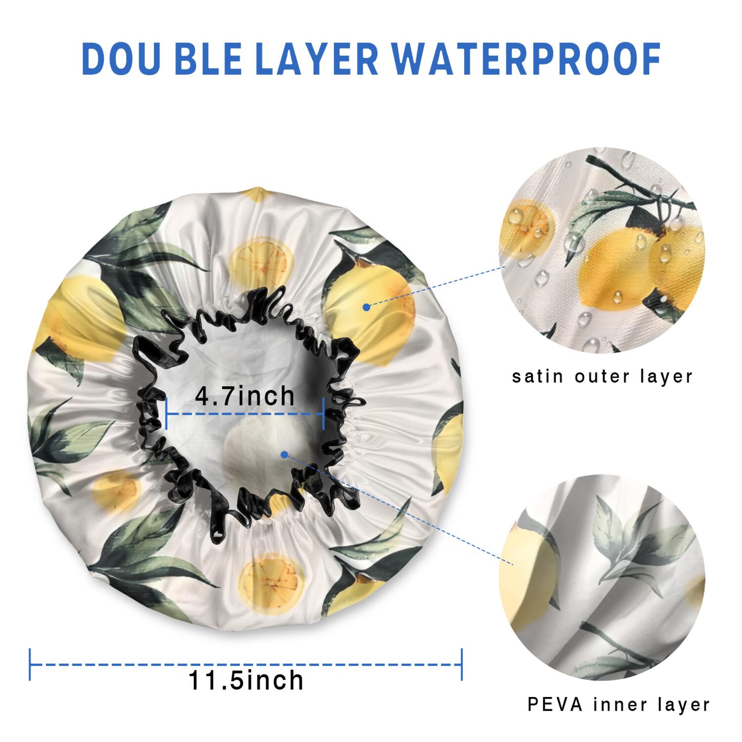 Shower Caps,Yellow Lemon Fruits White Pattern Waterproof Shower Cap for Women 4 Pieces,Double Reusable Hair Cover for Shower PEVA Elastic Stretch Hem