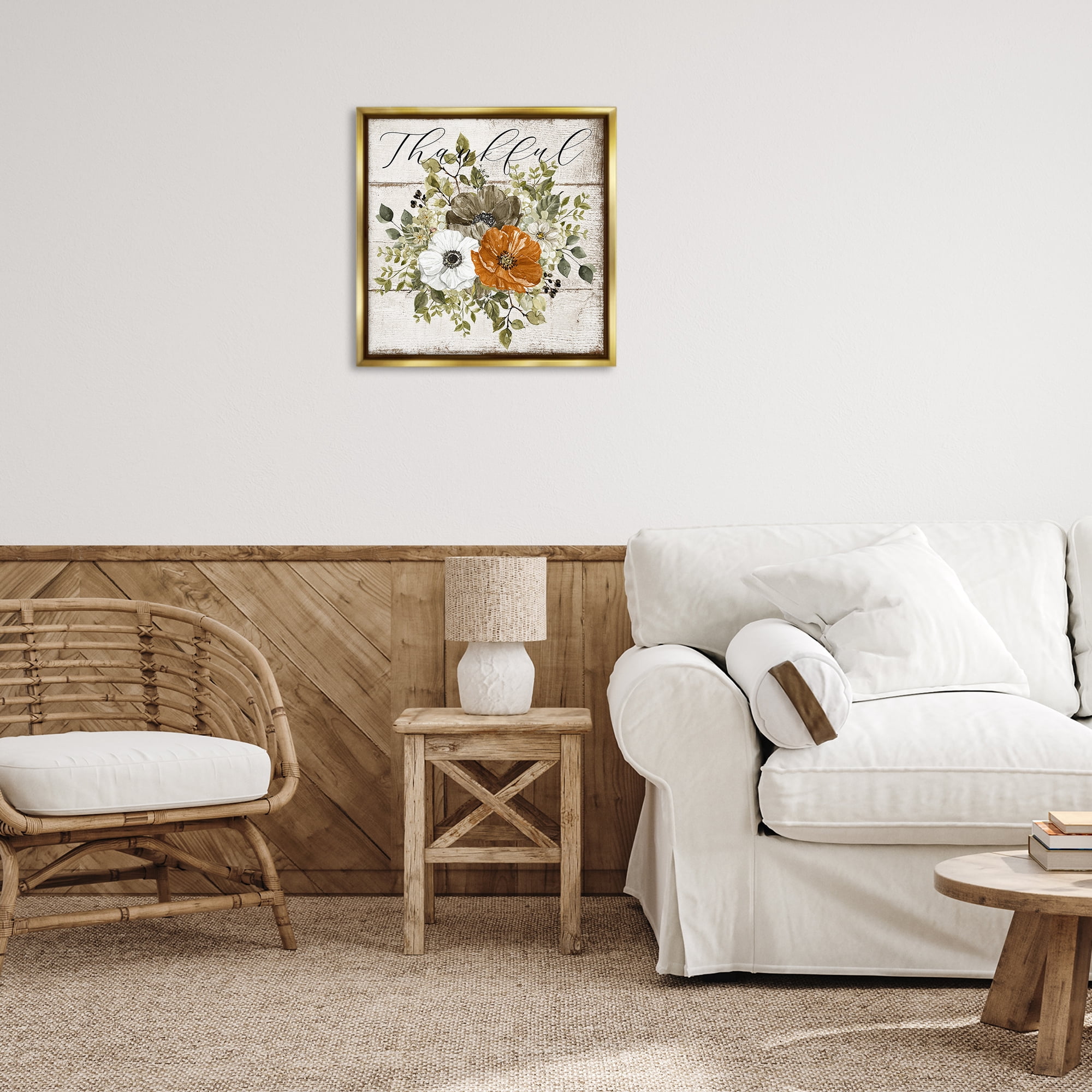 Stupell Industries Thankful Floral Pumpkin Holiday Painting Gold Floater Framed Canvas Art Prints Wall Art, 25 x 25