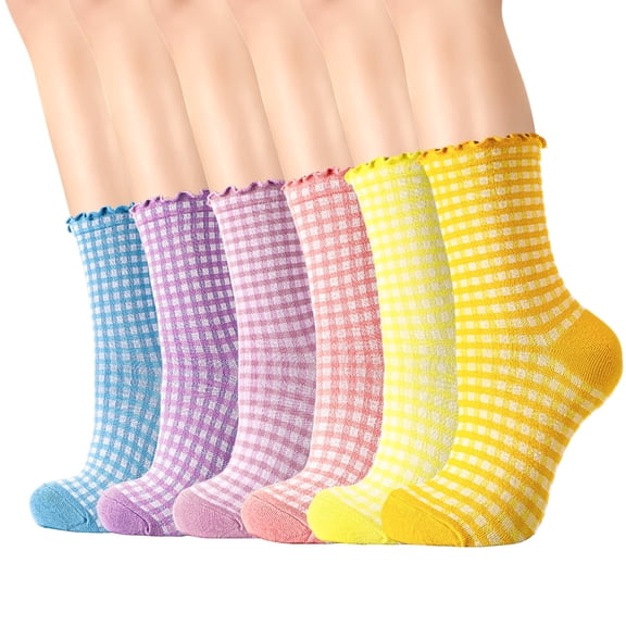Bocaoying 6 Pack Women's Ruffle Crew Socks, Striped Frilly Ankle Lettuces Socks, Cotton Soft Checkered Casual Socks for Women, Pink, Yellow, Blue, Purple, Home & Daily Wear Socks, 5-9