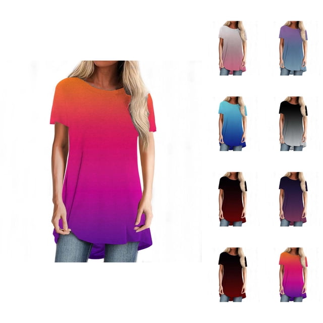 T-shirt Dégradé pour Femmes 2026 Été Tendance Manches Courtes Col Rond Ample Tunique