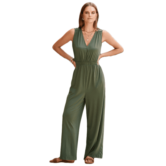 Women's Elegant Jungle Green Deep V Pleated Wide Leg Jumpsuit - [ZhiHiMeRi] | (US 12-14)L