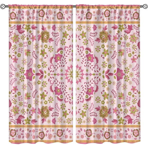 Retro Jacquard Design Blackout Rod Pocket Curtains for Girls Bedroom, Mandala Geometry Flowers Foldable Long Window Drapes, Thermal Insulation Shading Curtains for Living Room Study-W42xL54in