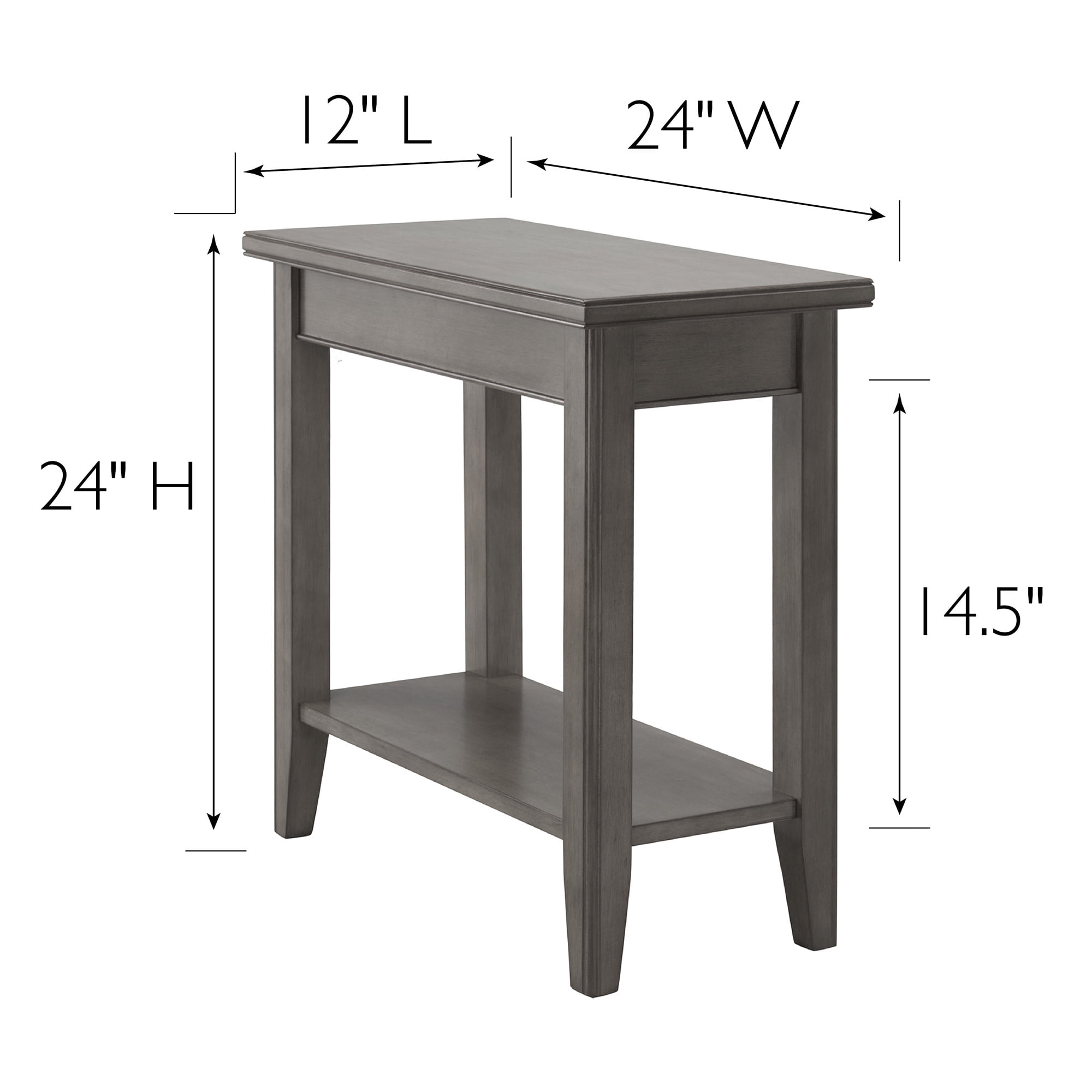 Smoke Gray Solid Wood Narrow End Table with Shelf, Small Space, 12 in. W