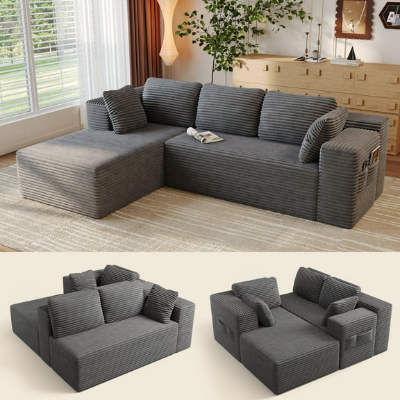 Asofer L-Shaped Modular Sectional Sofa with Chaise for Living Room, No Assembly Required, Dark Grey