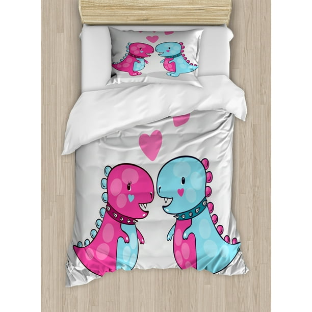 Dinosaur Duvet Cover Set Twin Size, Two Dinosaurs with Spiked Neck Collars In Love Hearts