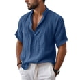 thumbnail image 2 of GrmtClth Mens Linen Shirt Short Sleeve Henley Shirts Summer Beach Casual Hippie Shirt Button Lightweight Collarless Tee Top Navy XL, 2 of 7