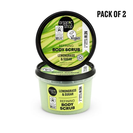 Organic Shop Lemongrass & Sugar, Refining & Exfoliating Body Scrub, 100% Vegan & Organic, Daily Exfoliant, Detox & Moisturizer, Body, Face, Hand & Foot, Intensive Care & Skin Toning. 250ml. Pack of 2