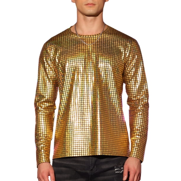 Camiseta metálica INSPIRE CHIC de cuello redondo para hombres, de mangas largas, camisetas brillantes para fiestas y clubes, 2XL dorada