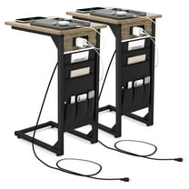 2PCS C Shaped End Table Sofa Side Table with Charging Station & Side Storage Bag