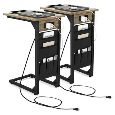 2PCS C Shaped End Table Sofa Side Table with Charging Station & Side Storage Bag