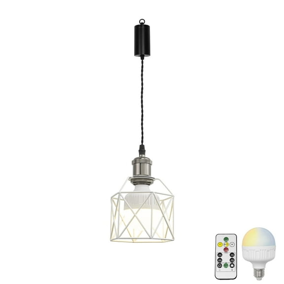 KAYYELAMP Remote LED Bulb Rechargeable Battery Adjusted Height Hanging Light Dimming Timing Pearl Black Base White Cage Metal Lamp Retro Design for Kitchen Farmhouse