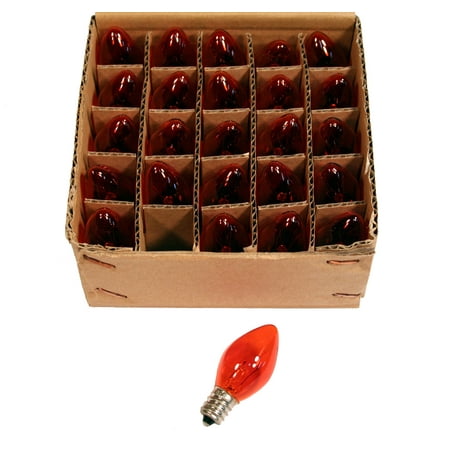 C7 Box - Box of 25 Light Bulbs -C7, Steady Burning - Transparent Orange - 7 Watt - Candelabra Base -Great for Night Lights, Pumpkin Lights and Christmas Strings
