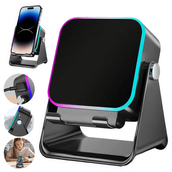 Wireless Induction Speaker 5-in-1 Bluetooth Speaker with Phone Stand,Stereo Sound, 3500mAh Rechargeable, 8 RGB Ambient Light, 360° Adjustable Holder ,Gifts for Men Women (Black)