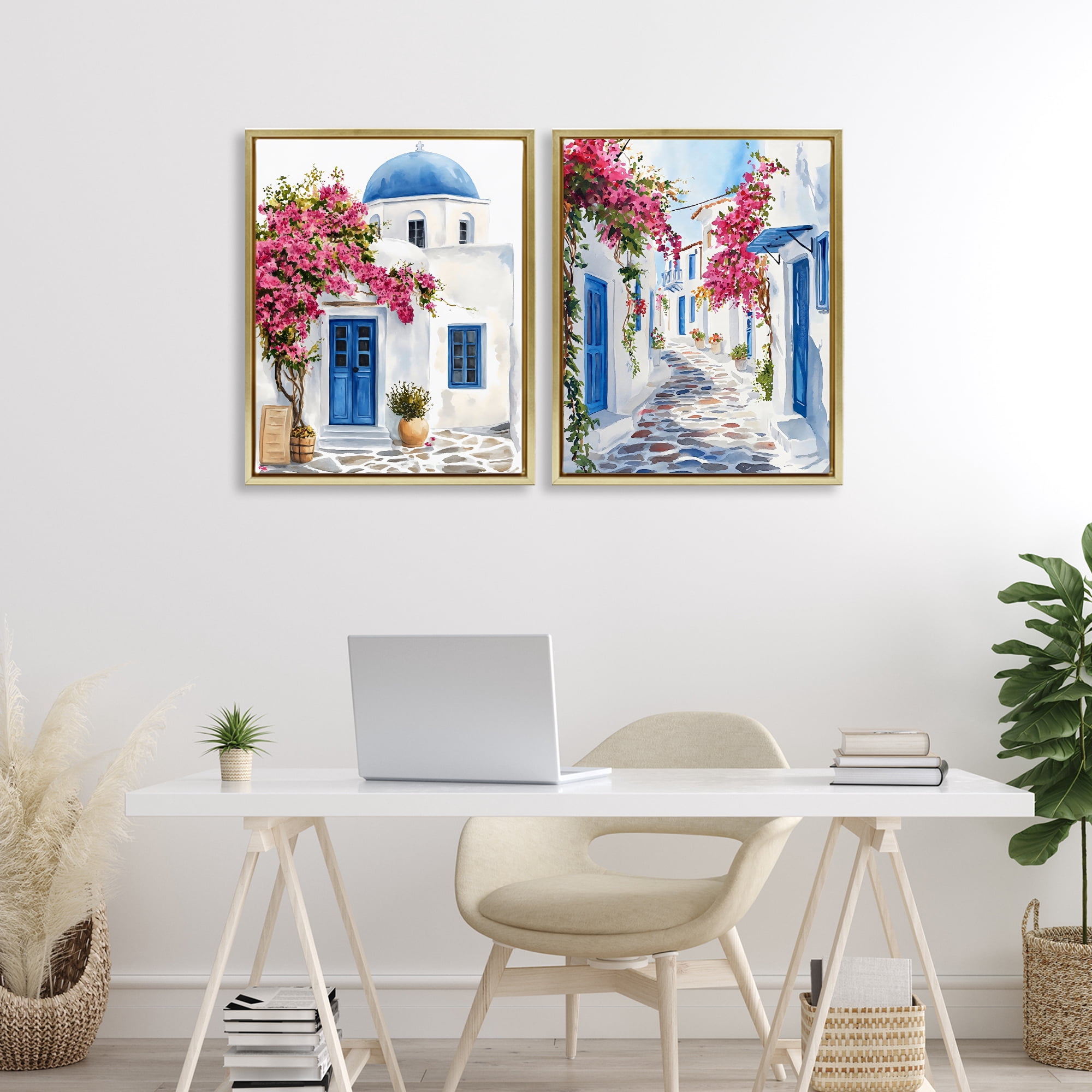 Stupell Industries Santorini House with Pink Tree 2 Piece Gold Framed Floater Canvas Set, design by LSR Design Studio