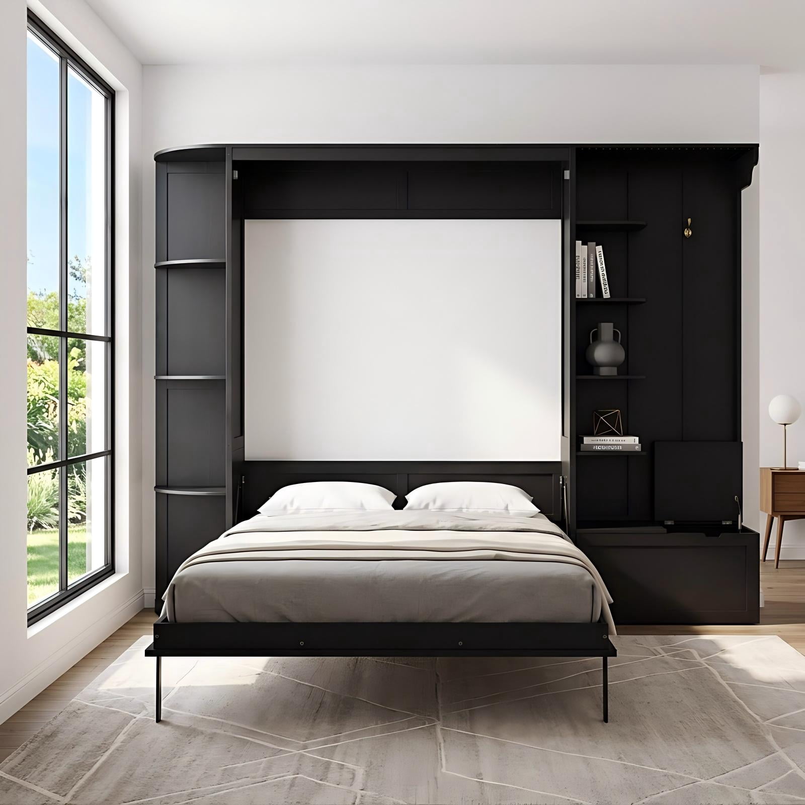 Aukfa Queen Murphy Bed with Storage & LED Lights, Space-Saving Modern Wall Bed Cabinet with Shelves & Hanging Hook for Small Spaces, Guest Room, Home, Black