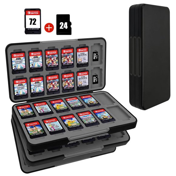 Nintendo Switch Game Case - Black Holder With 72 Card Slots & 24 Micro SD Slots, Hard Shell, Silicone Lining