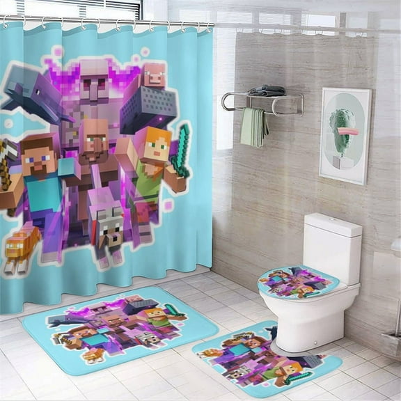 Minecraft Power 4 Pcs Shower Curtain Sets Non-Slip Rugs Bath Mat Toilet Cover U Shaped Mat for Bathroom Decor Bathroom Set 72" X 72"