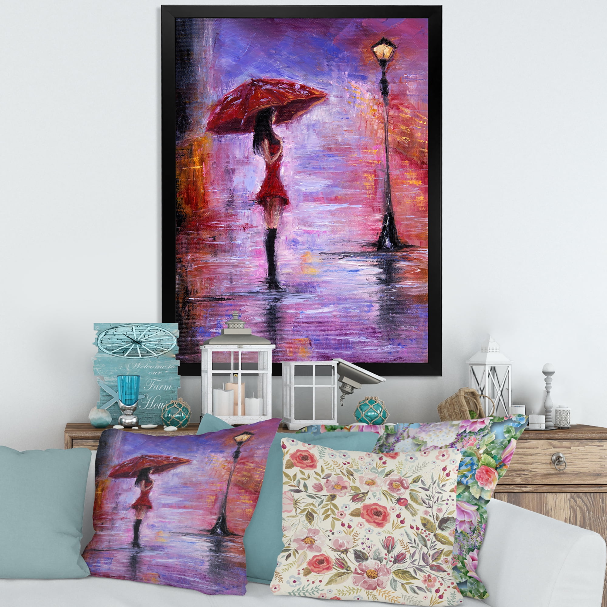 Designart 'The Girl With The Umbrella Walking In The Rain I' French Country Framed Art Print