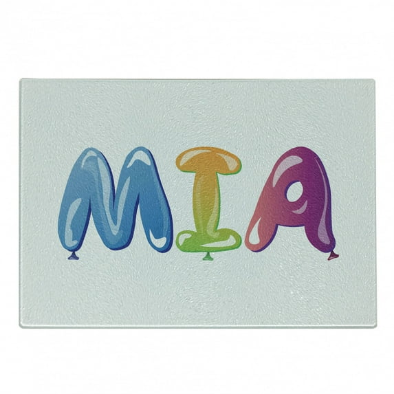 Mia Cutting Board, Female Name Design with Origins Colorful Balloon Letters Pattern, Decorative Tempered Glass Cutting and Serving Board, Small Size, Multicolor, by Ambesonne