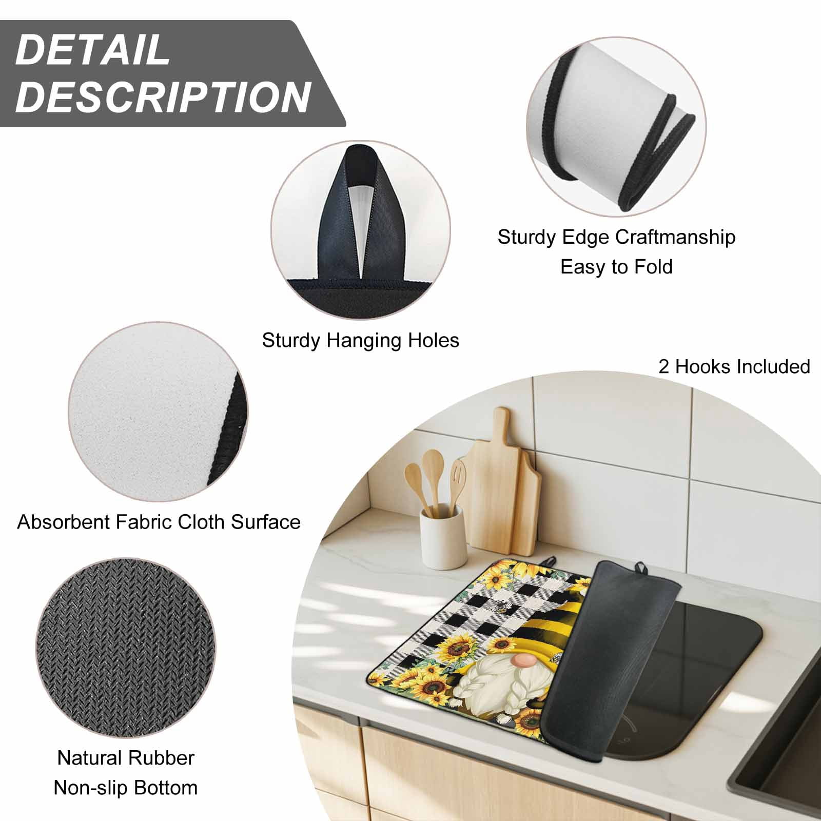 Yellow Sunflower Stove Top Cover for Electric Stove, Heat-proof & Non Slip Glass Top Stove Cover Protector, Spring Summer Bee Gnomes Black Plaid Kitchen Flat Cooktop Rubber Mat 28.5x20.5 Inches